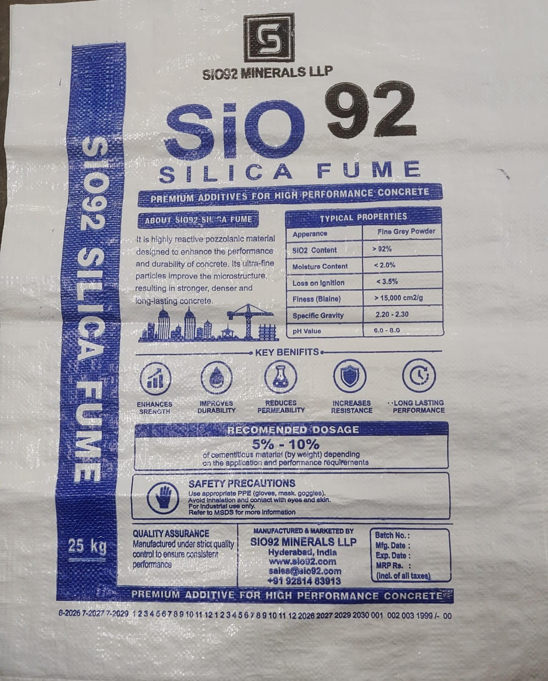 Sio92 Silica Fume 25 kg bag back panel