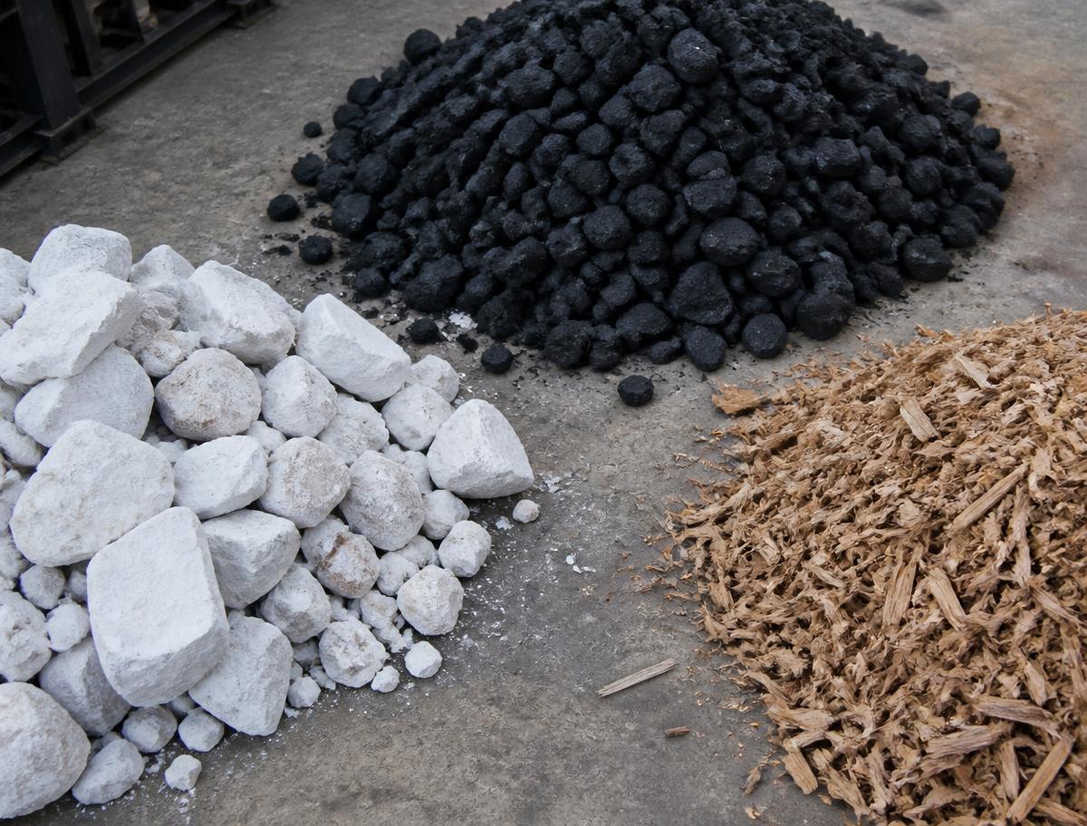 High-purity quartz, metallurgical coke and wood chips staged as raw materials