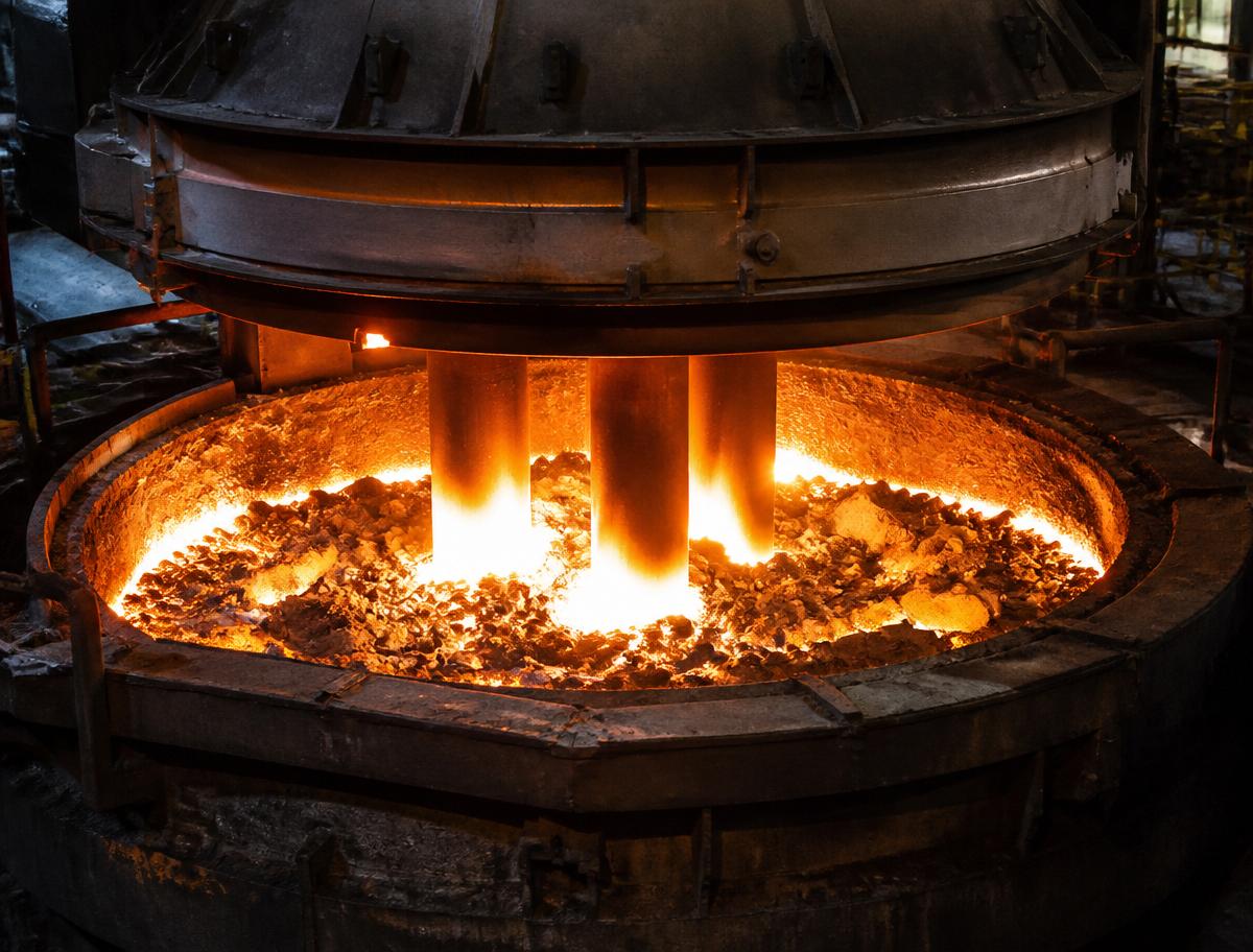 Submerged-arc furnace with glowing electrodes reducing quartz at 2,000 °C